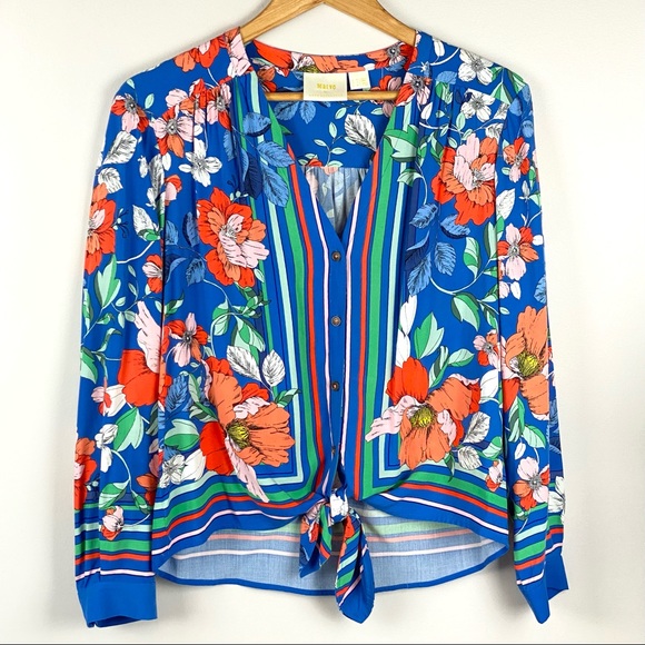 Maeve Anthropologie Elan Scarf Floral Pattern Blouse size 6 Blue Tie Waist - Picture 3 of 8